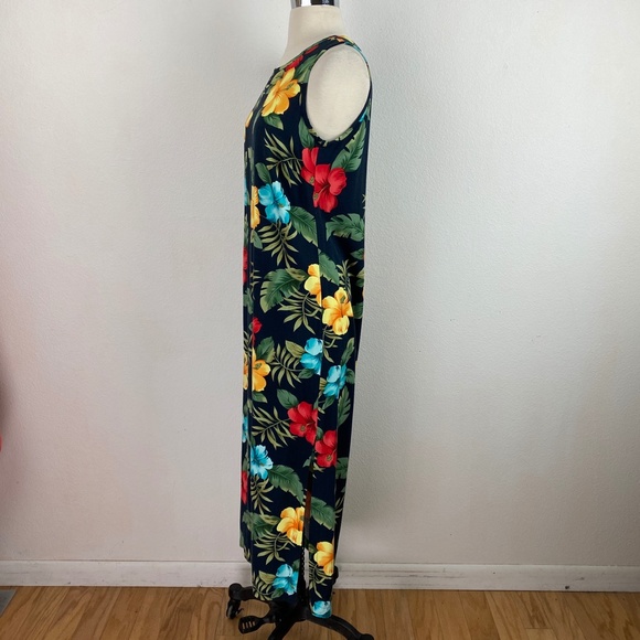 La Cabana Dark Blue Bright Floral Hawaiian Midi Dress Rayon Shift Sleeveless SM - Picture 5 of 10